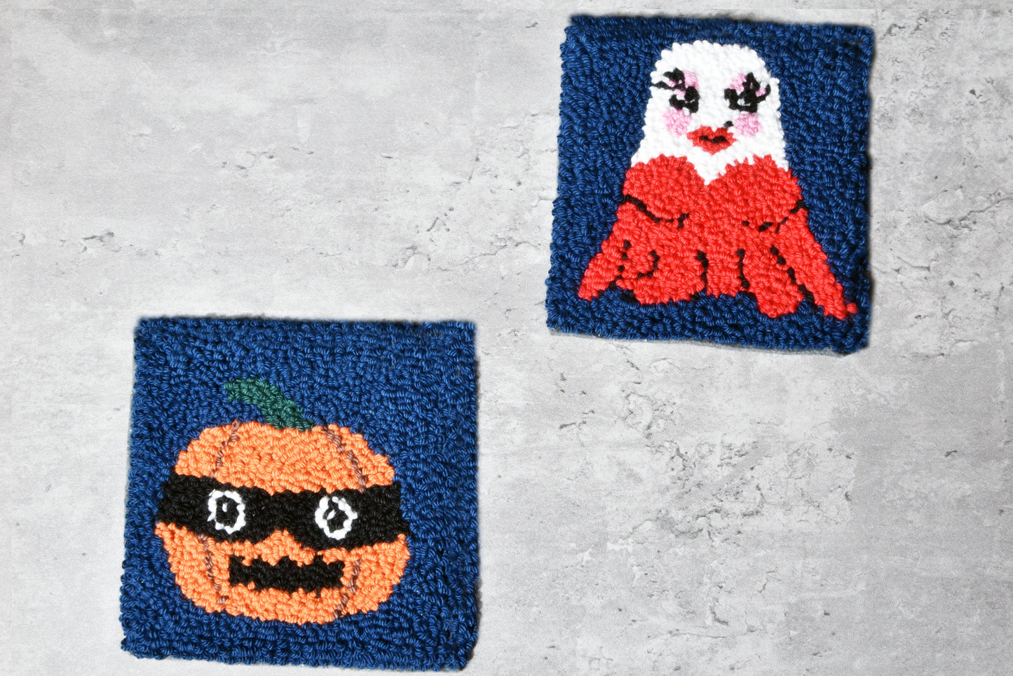 Halloween punch needle mug rugs - coasters. Ghost family meets pumpkins