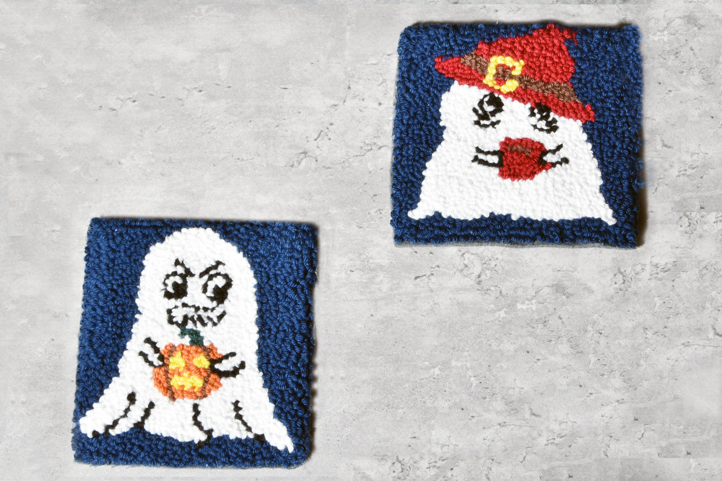 Halloween punch needle mug rugs - coasters. Ghost family meets pumpkins