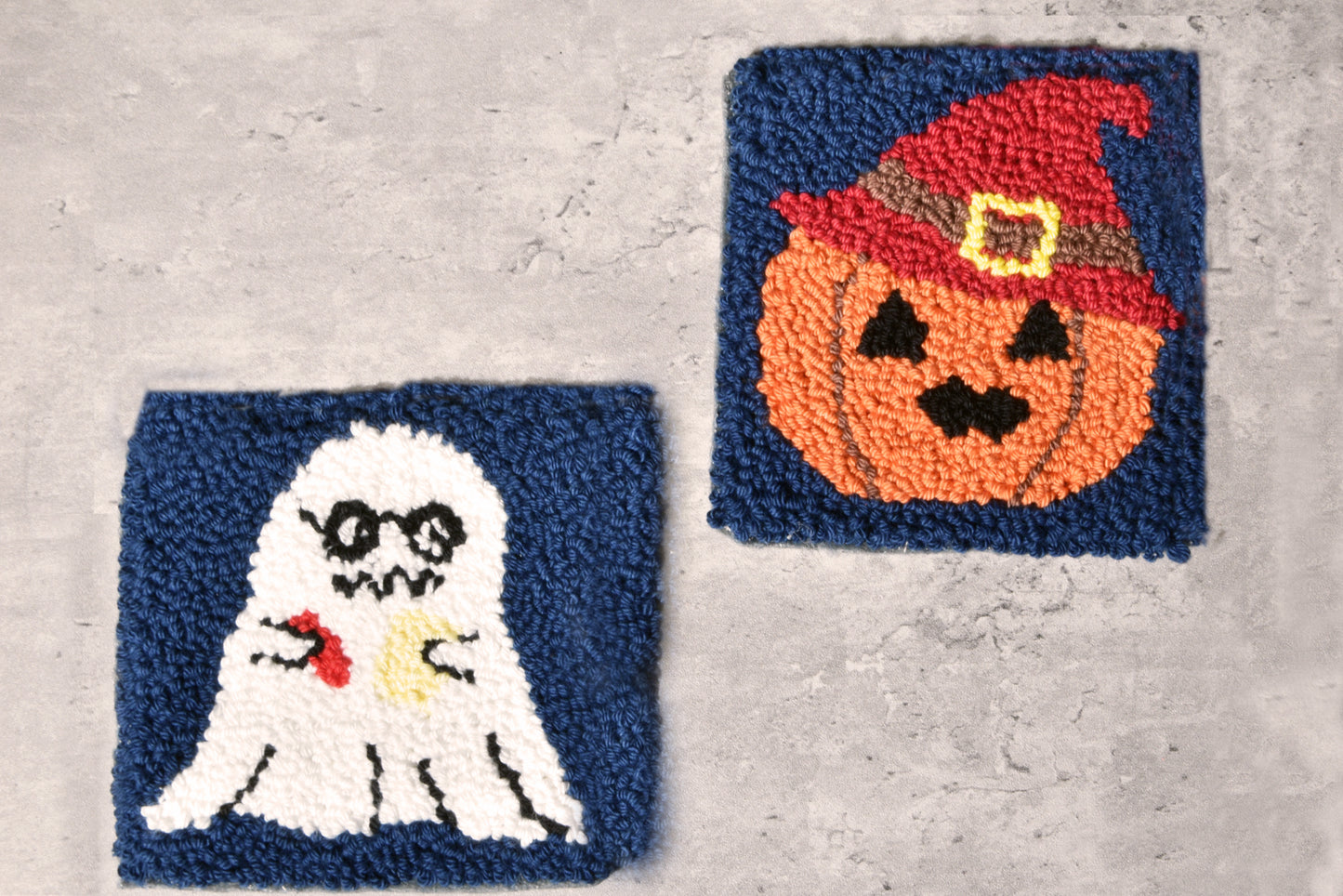 Halloween punch needle mug rugs - coasters. Ghost family meets pumpkins