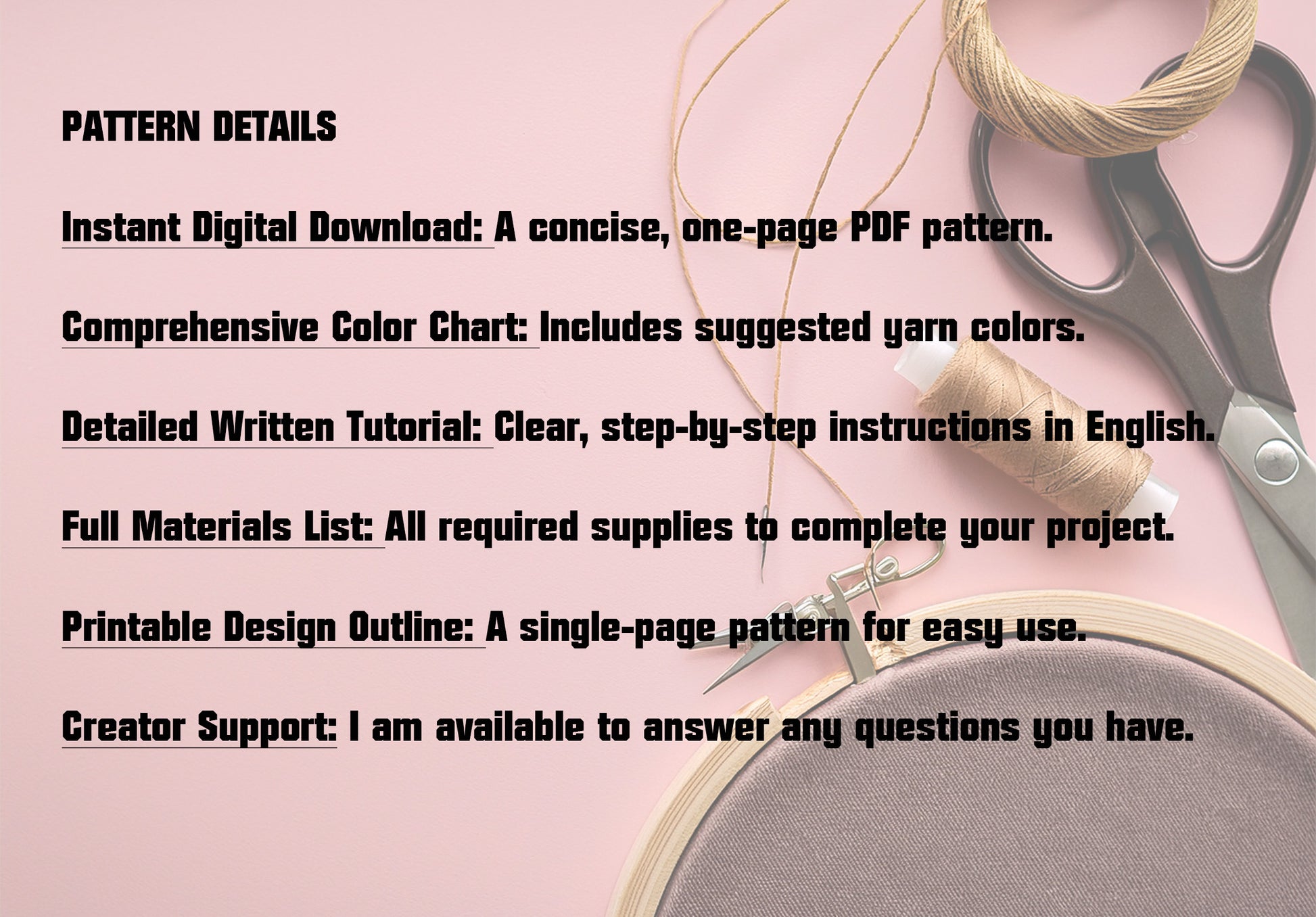 Text detailing pattern features with yarn, scissors, and hoop on a pink background