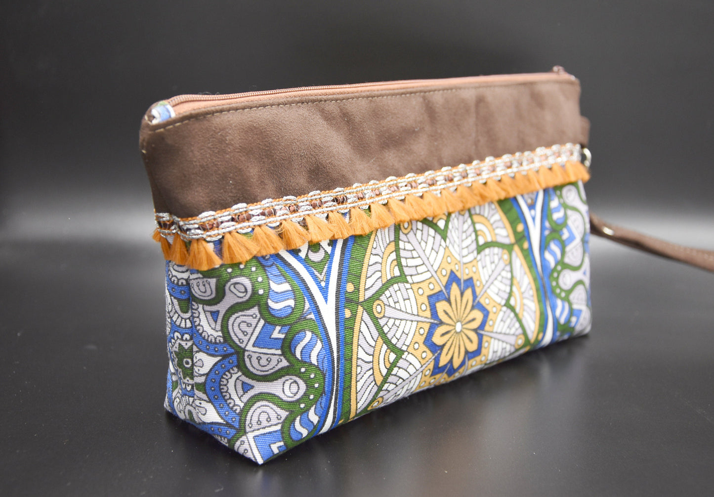 Boho Wristlet Bag, Cosmetic bag, Make-up bag, Toiletry bag