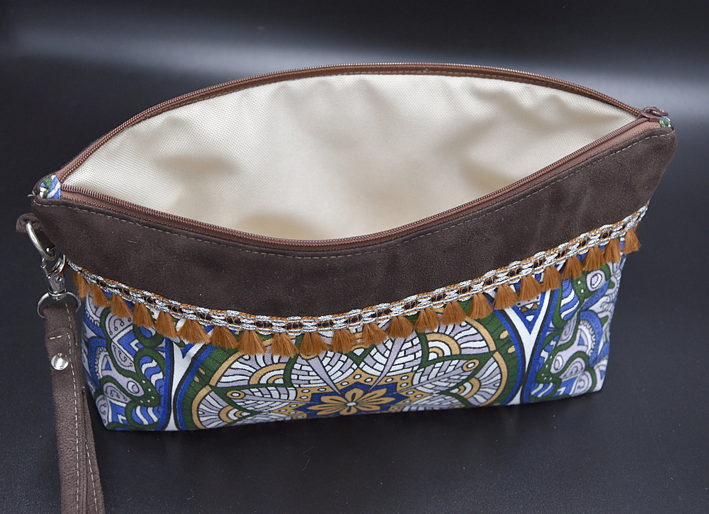 Boho Wristlet Bag, Cosmetic bag, Make-up bag, Toiletry bag